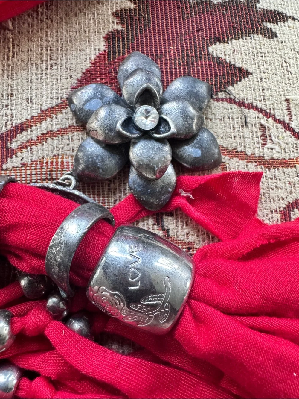 Red Fabric Necklace Scarf with Silver Accents